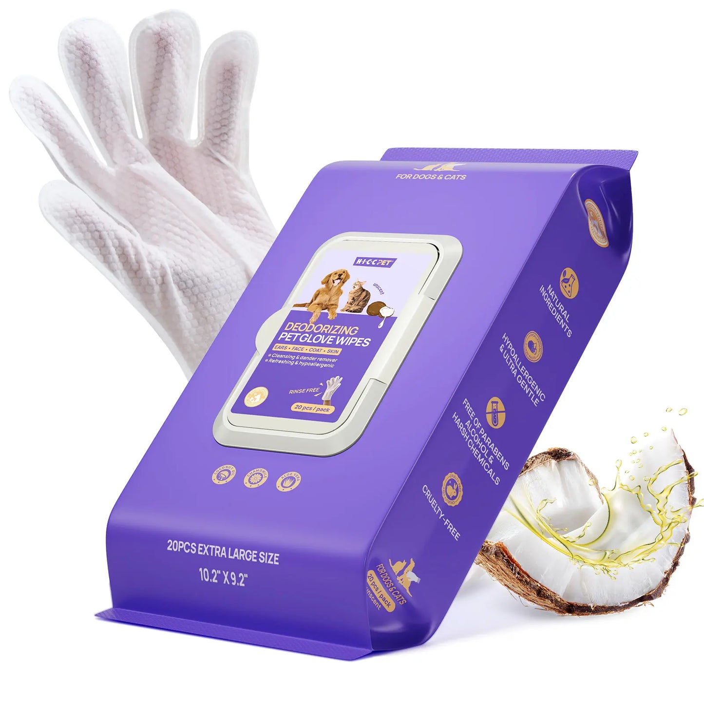 【Summer Sale】Hicc PET Disposable Dog Grooming Wipes (20Pcs) - Natural, Hypoallergenic, No-Rinse Mess-Free Grooming Wipes with Fermented Oils for Hair Removal, Sticky Hair Control, Deodorizing, Skin Moisture, Paw Care, Outdoor Use