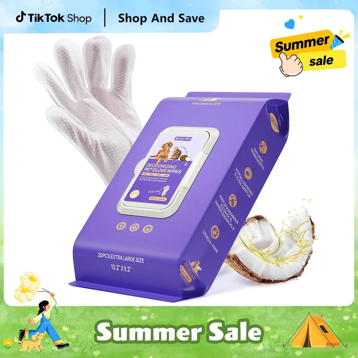 【Summer Sale】Hicc PET Disposable Dog Grooming Wipes (20Pcs) - Natural, Hypoallergenic, No-Rinse Mess-Free Grooming Wipes with Fermented Oils for Hair Removal, Sticky Hair Control, Deodorizing, Skin Moisture, Paw Care, Outdoor Use