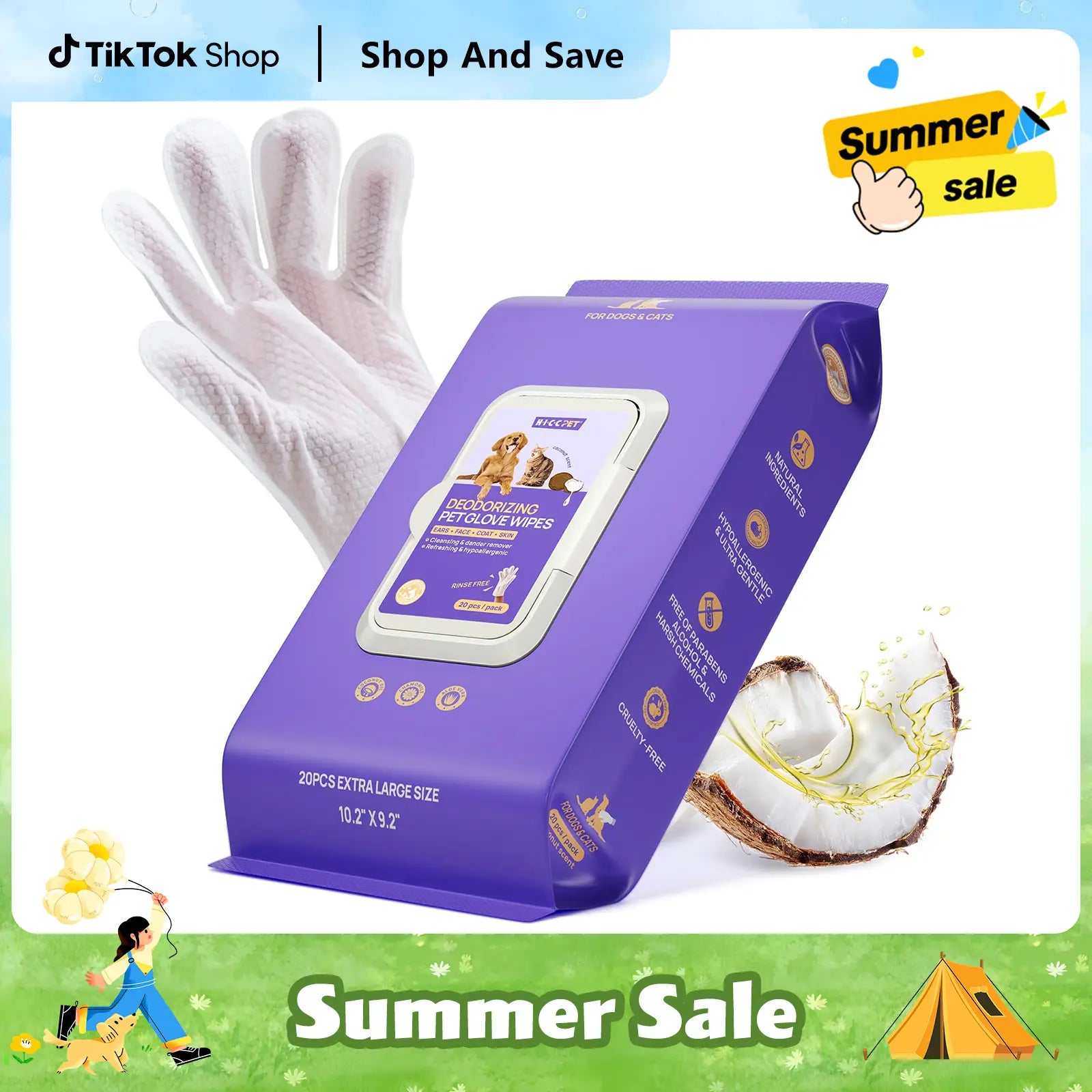 【Summer Sale】Hicc PET Disposable Dog Grooming Wipes (20Pcs) - Natural, Hypoallergenic, No-Rinse Mess-Free Grooming Wipes with Fermented Oils for Hair Removal, Sticky Hair Control, Deodorizing, Skin Moisture, Paw Care, Outdoor Use