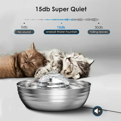 CW-03 Cat Water Fountain 304 Stainless Steel, 2L/68Oz Quiet Cat Fountain for Cats Drinking, Dual Filtration Cat Water Bowl for Kittens, Silver