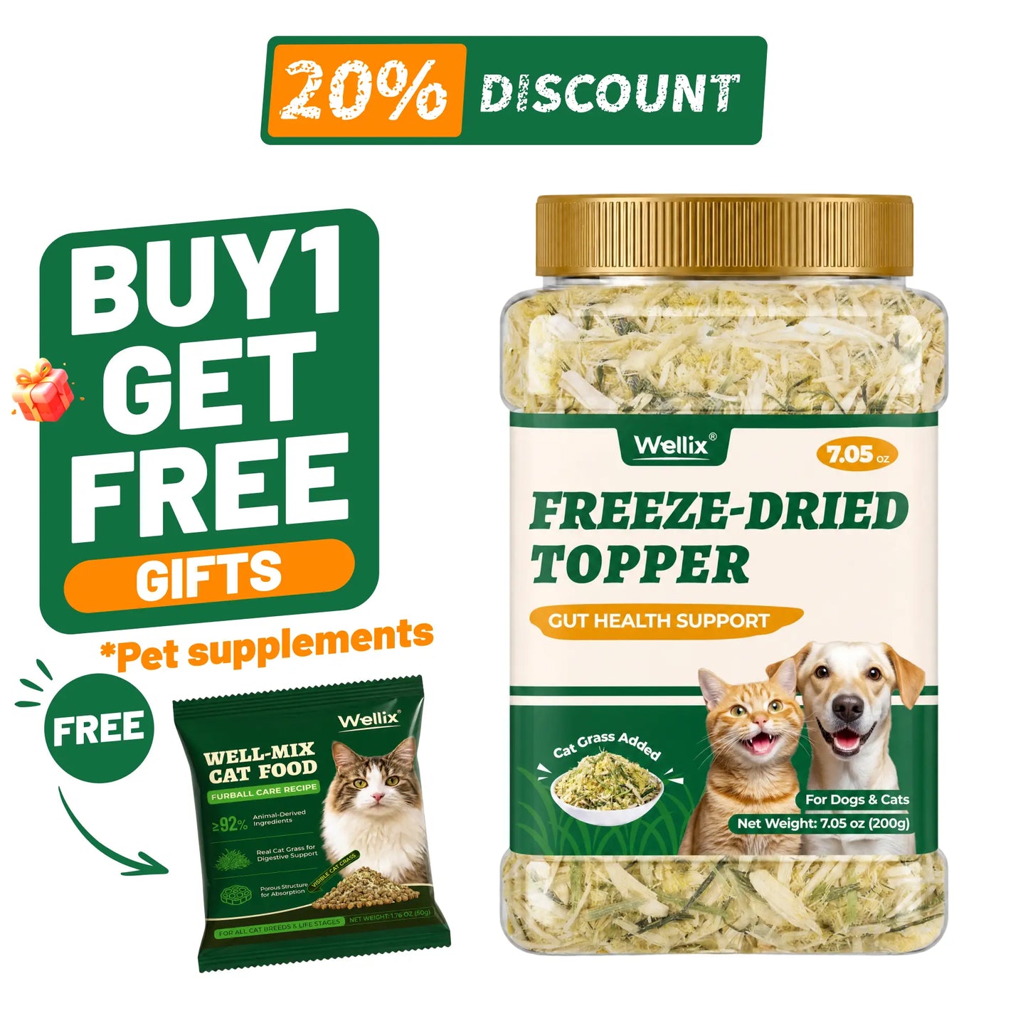 Wellix Dog&Cat Food Topper - Cat Grass Treats for Haiball Treament - Chicken Flavor Freeze Dried Cat Treats - Low Calorie Training Treats for Dogs&Cat 7.5Oz,Back to School