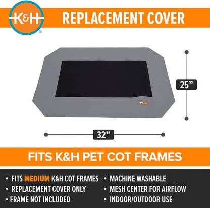 K&H Outdoor Elevated Dog Bed Replacement Cover, Medium 32"x25", Compatible with K&H Medium Pet Cots (Sold Separately), Indoor/Outdoor Use, Breathable Mesh Center, Machine Washable, Gray
