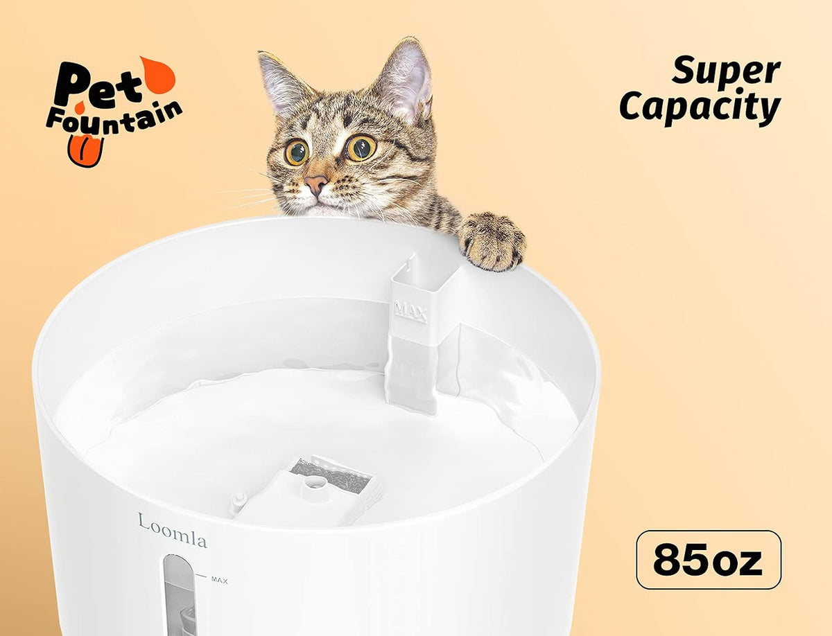 Cat Water Fountain - 85 Oz/2.5L Automatic Pet Water Dispenser with LED Lights and 2 Replacement Filters for Cats and Dogs (White)