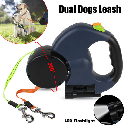 Retractable Dual Pet Leash for Small Dogs with Reflective Features and 360-Degree Swivel, Includes Lights