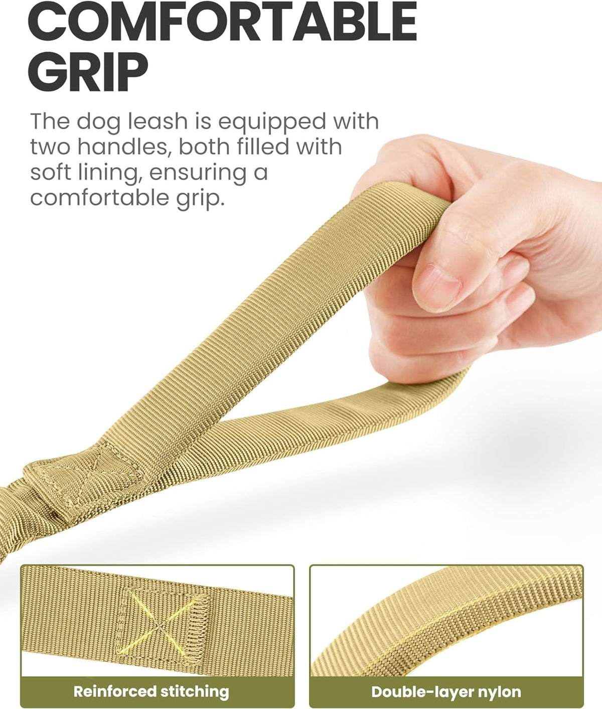 Heavy-Duty Bungee Dog Leash with Shock Absorption, Dual Padded Handles for Enhanced Training and Safety, 4 FT Khaki