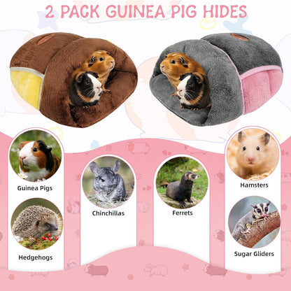2 Pack Guinea Pig Bed, Slipper Cuddle Sack, Grey & Brown | Guinea Pig House, Portable Guinea Pig Hideout, Soft Coral Fleece Pocket Guinea Bed, Washable Cushion