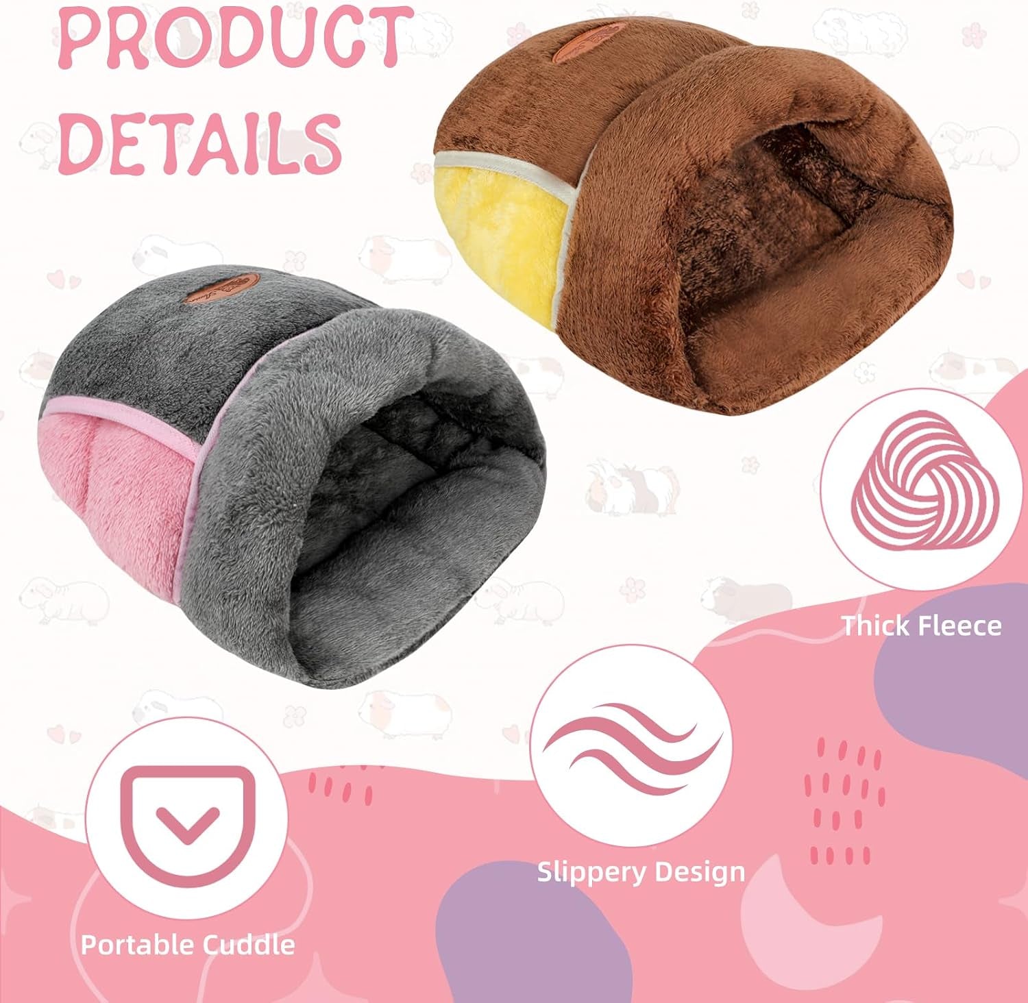2 Pack Guinea Pig Bed, Slipper Cuddle Sack, Grey & Brown | Guinea Pig House, Portable Guinea Pig Hideout, Soft Coral Fleece Pocket Guinea Bed, Washable Cushion