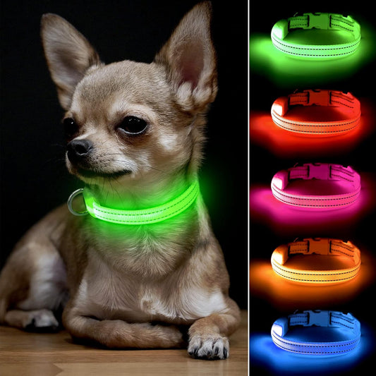 Adjustable Rechargeable LED Collar for Small Dogs and Cats - Lightweight Reflective Nylon, 8.5-11.8 Inches, Green, with Two Flash Modes for Enhanced Night Safety