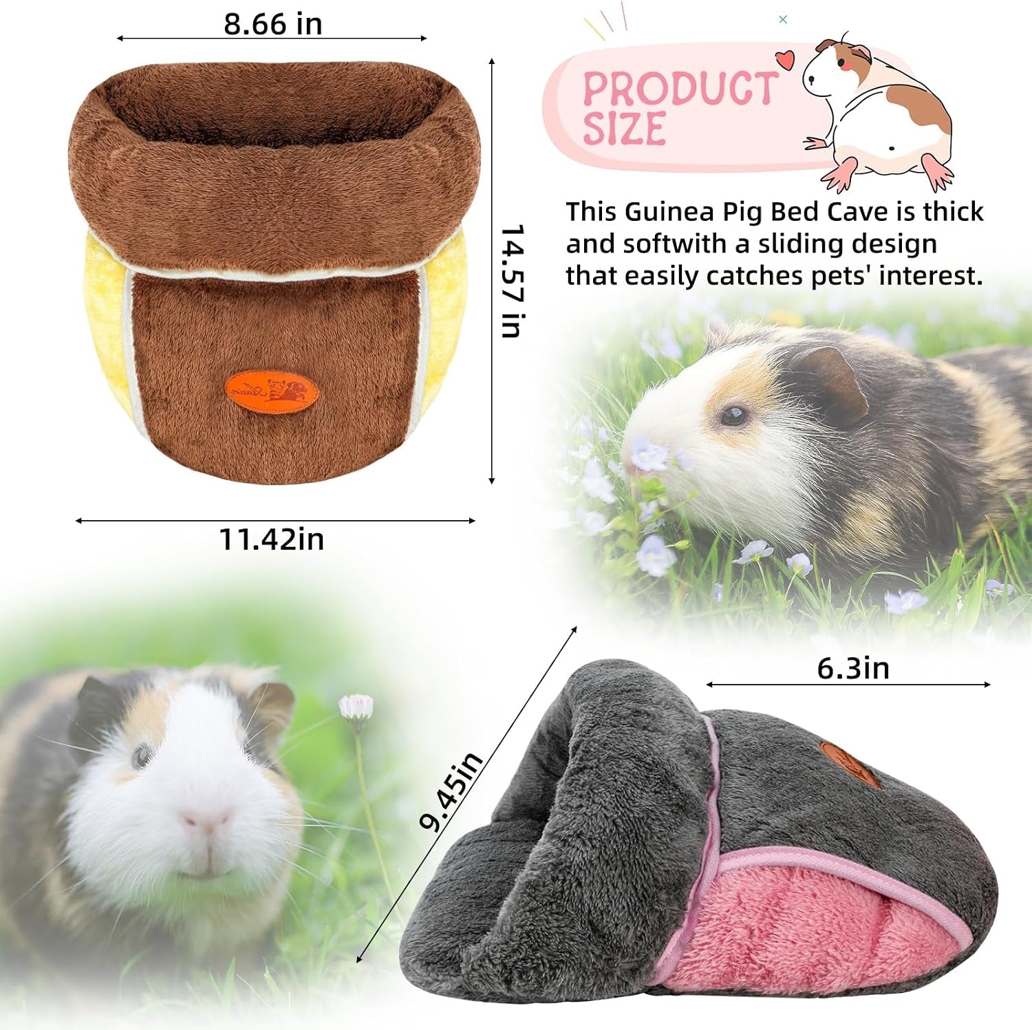 2 Pack Guinea Pig Bed, Slipper Cuddle Sack, Grey & Brown | Guinea Pig House, Portable Guinea Pig Hideout, Soft Coral Fleece Pocket Guinea Bed, Washable Cushion