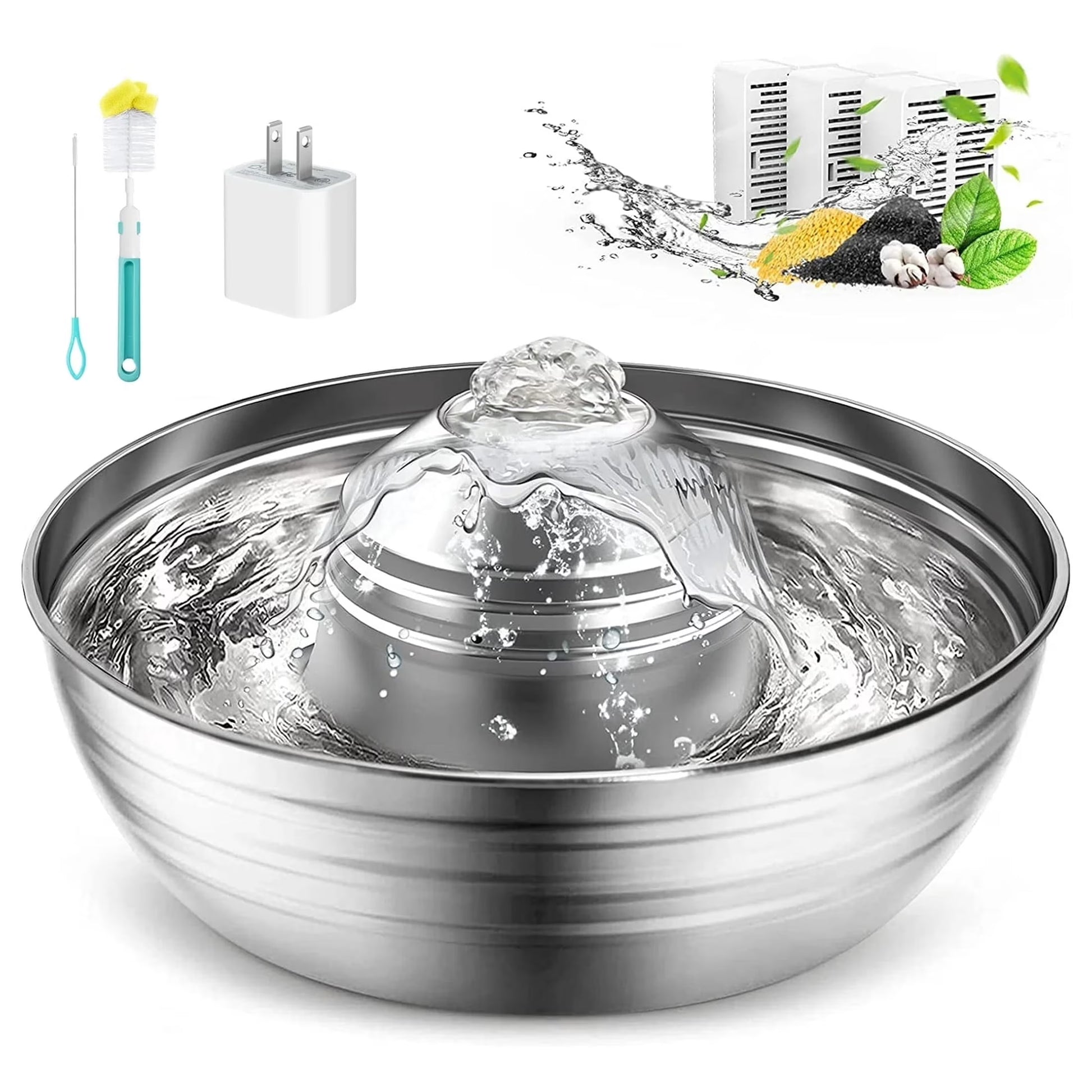 CW-03 Cat Water Fountain 304 Stainless Steel, 2L/68Oz Quiet Cat Fountain for Cats Drinking, Dual Filtration Cat Water Bowl for Kittens, Silver