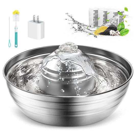 CW-03 Cat Water Fountain 304 Stainless Steel, 2L/68Oz Quiet Cat Fountain for Cats Drinking, Dual Filtration Cat Water Bowl for Kittens, Silver