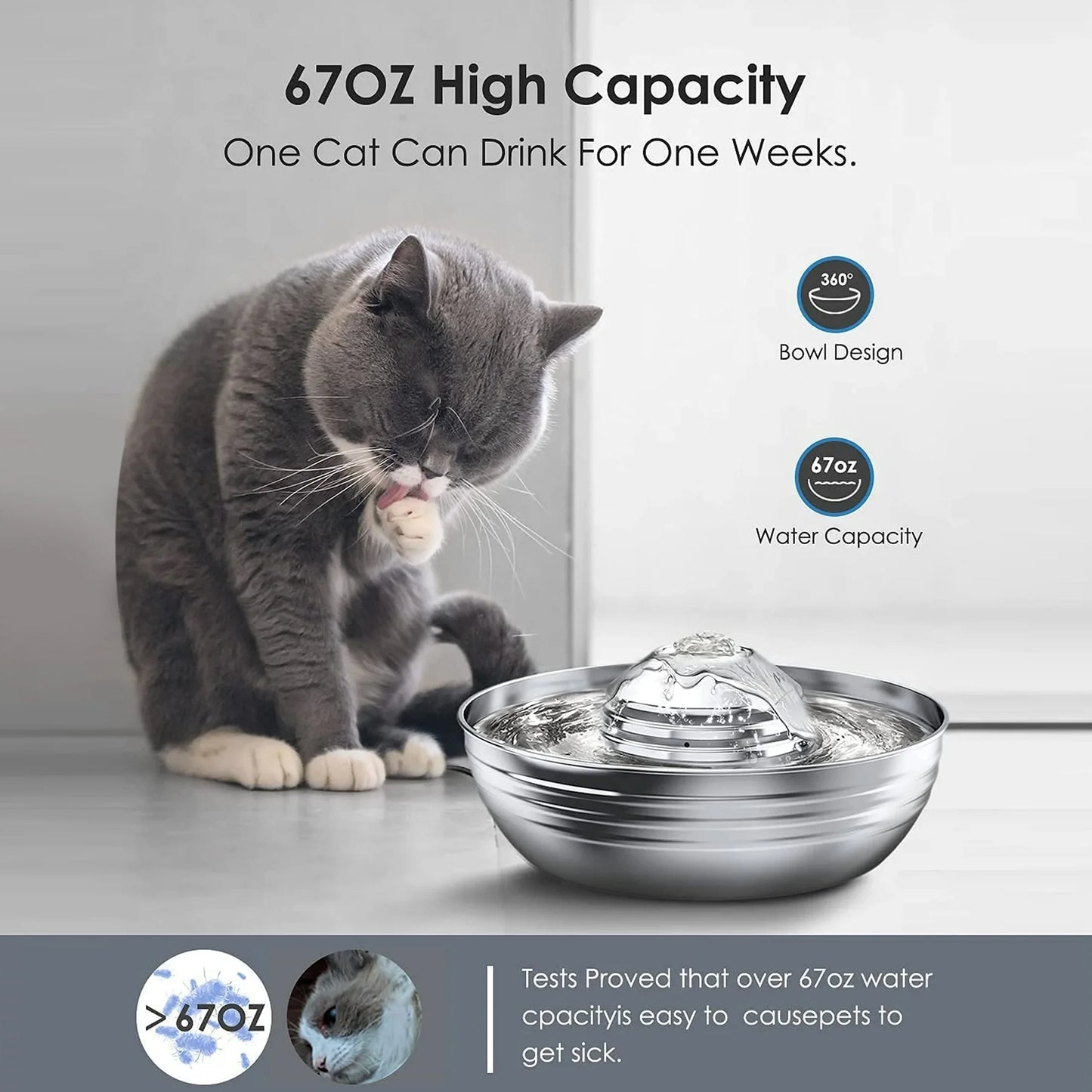 CW-03 Cat Water Fountain 304 Stainless Steel, 2L/68Oz Quiet Cat Fountain for Cats Drinking, Dual Filtration Cat Water Bowl for Kittens, Silver