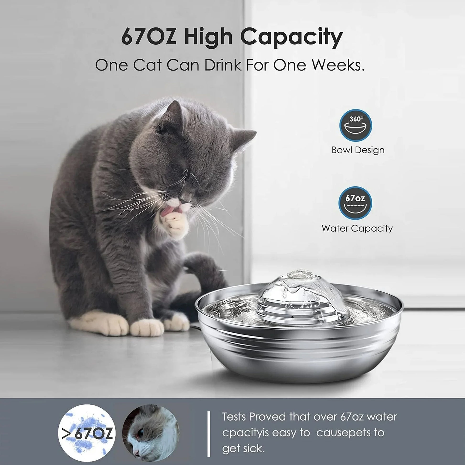 CW-03 Cat Water Fountain 304 Stainless Steel, 2L/68Oz Quiet Cat Fountain for Cats Drinking, Dual Filtration Cat Water Bowl for Kittens, Silver