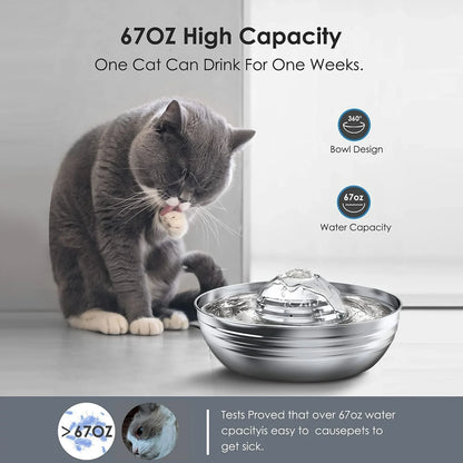 CW-03 Cat Water Fountain 304 Stainless Steel, 2L/68Oz Quiet Cat Fountain for Cats Drinking, Dual Filtration Cat Water Bowl for Kittens, Silver