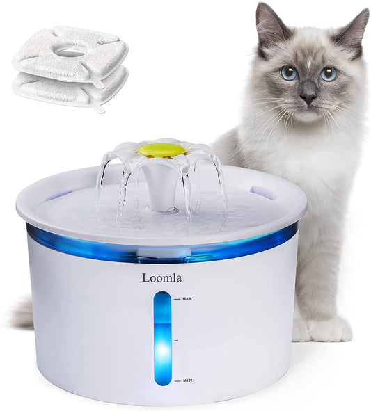 Cat Water Fountain - 85 Oz/2.5L Automatic Pet Water Dispenser with LED Lights and 2 Replacement Filters for Cats and Dogs (White)