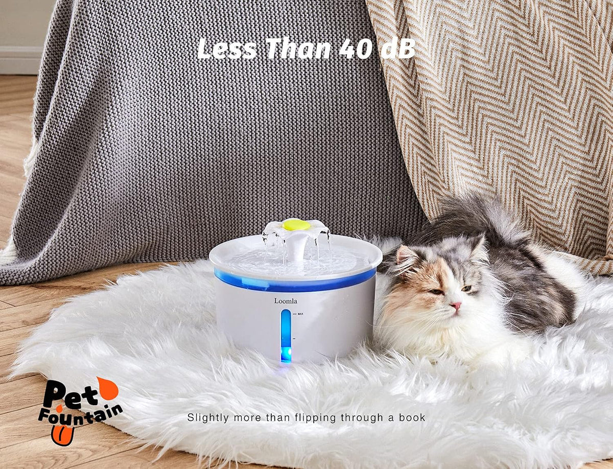 Cat Water Fountain - 85 Oz/2.5L Automatic Pet Water Dispenser with LED Lights and 2 Replacement Filters for Cats and Dogs (White)