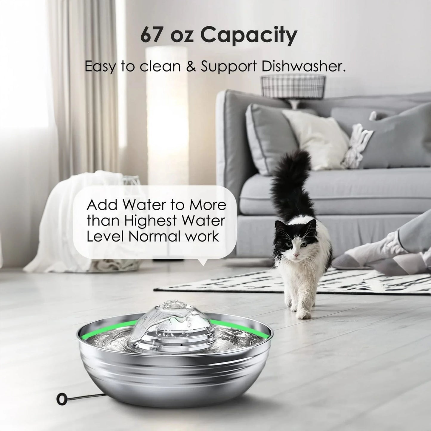 CW-03 Cat Water Fountain 304 Stainless Steel, 2L/68Oz Quiet Cat Fountain for Cats Drinking, Dual Filtration Cat Water Bowl for Kittens, Silver