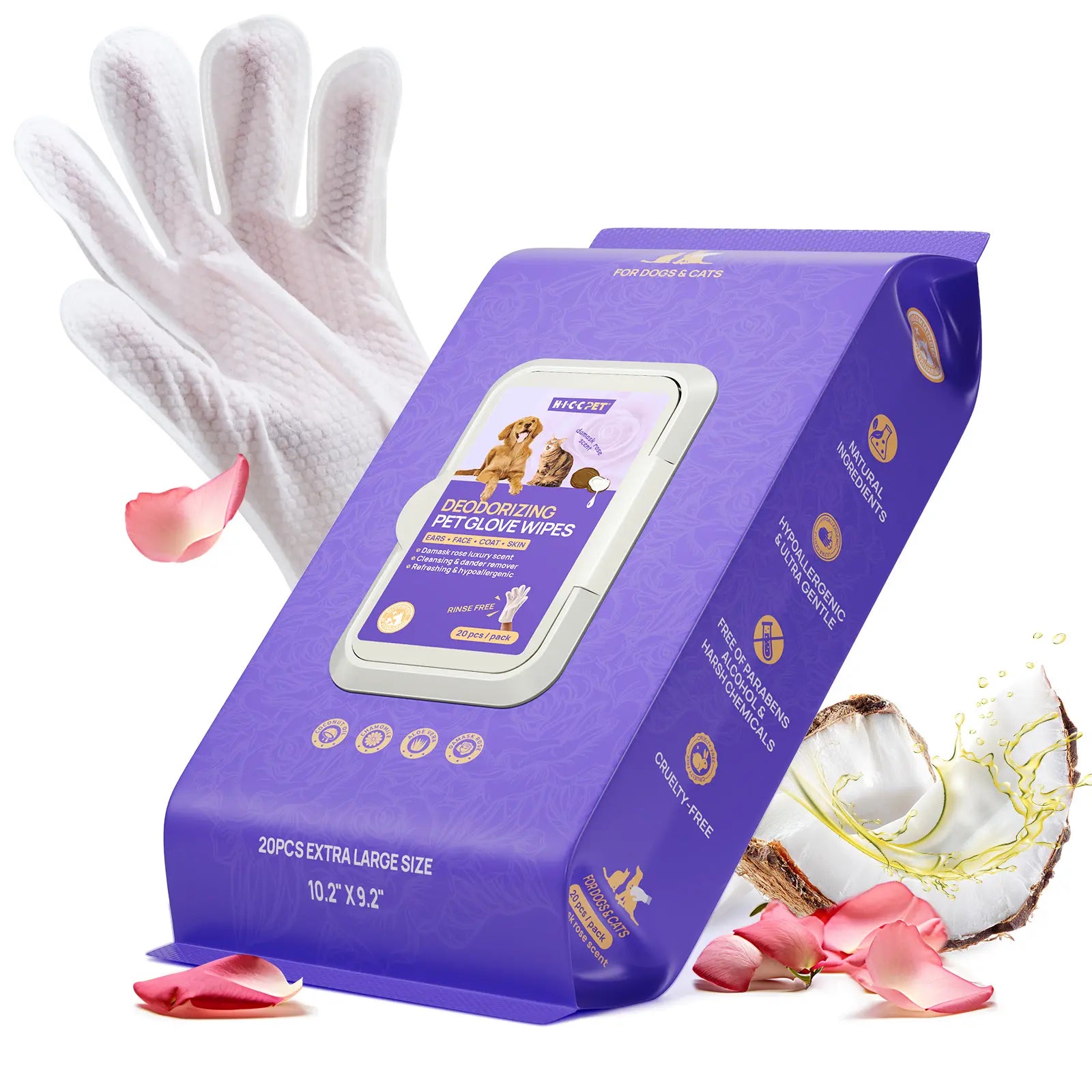 【Summer Sale】Hicc PET Disposable Dog Grooming Wipes (20Pcs) - Natural, Hypoallergenic, No-Rinse Mess-Free Grooming Wipes with Fermented Oils for Hair Removal, Sticky Hair Control, Deodorizing, Skin Moisture, Paw Care, Outdoor Use