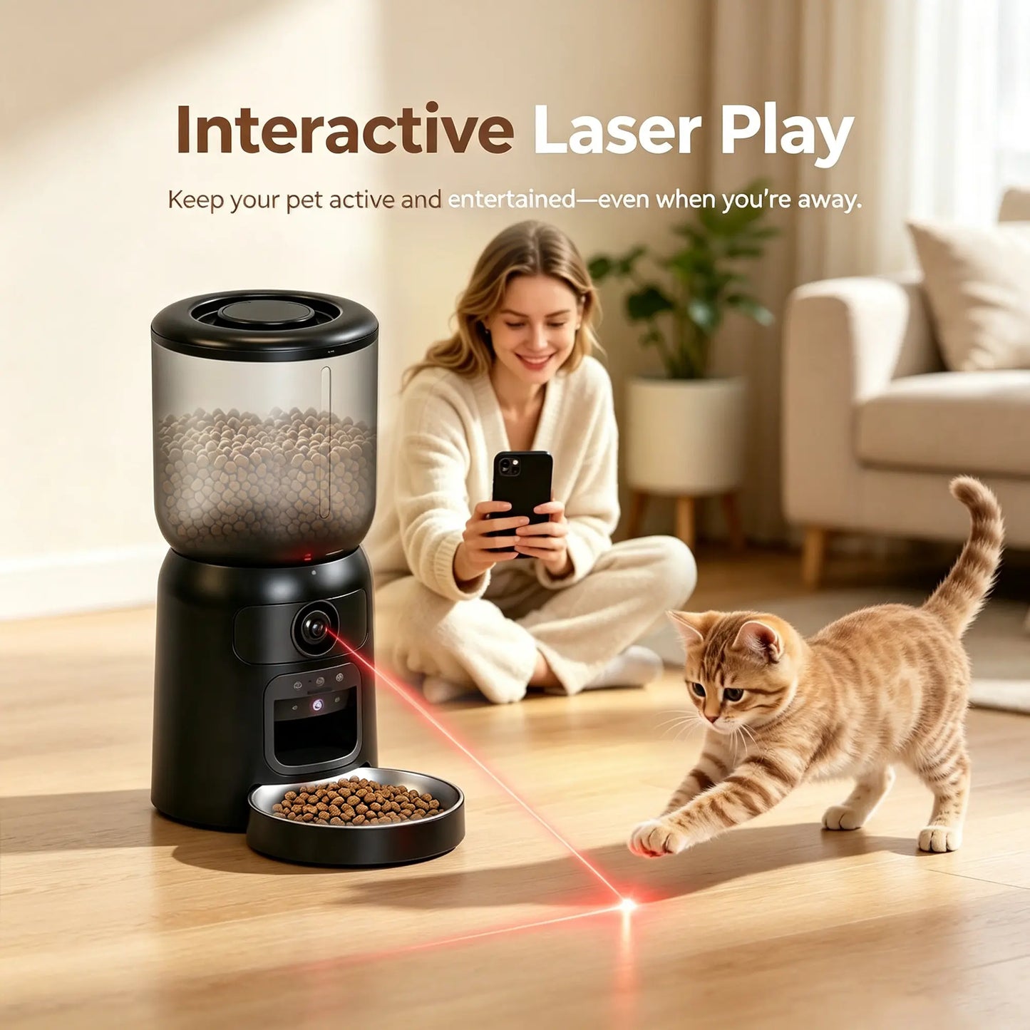 Taleboss Smart Automatic Cat Feeder with Integrated Camera, 5L Capacity, Laser Toy, 1080P HD, App Control, Night Vision, Dual Band Wifi, and Two-Way Audio