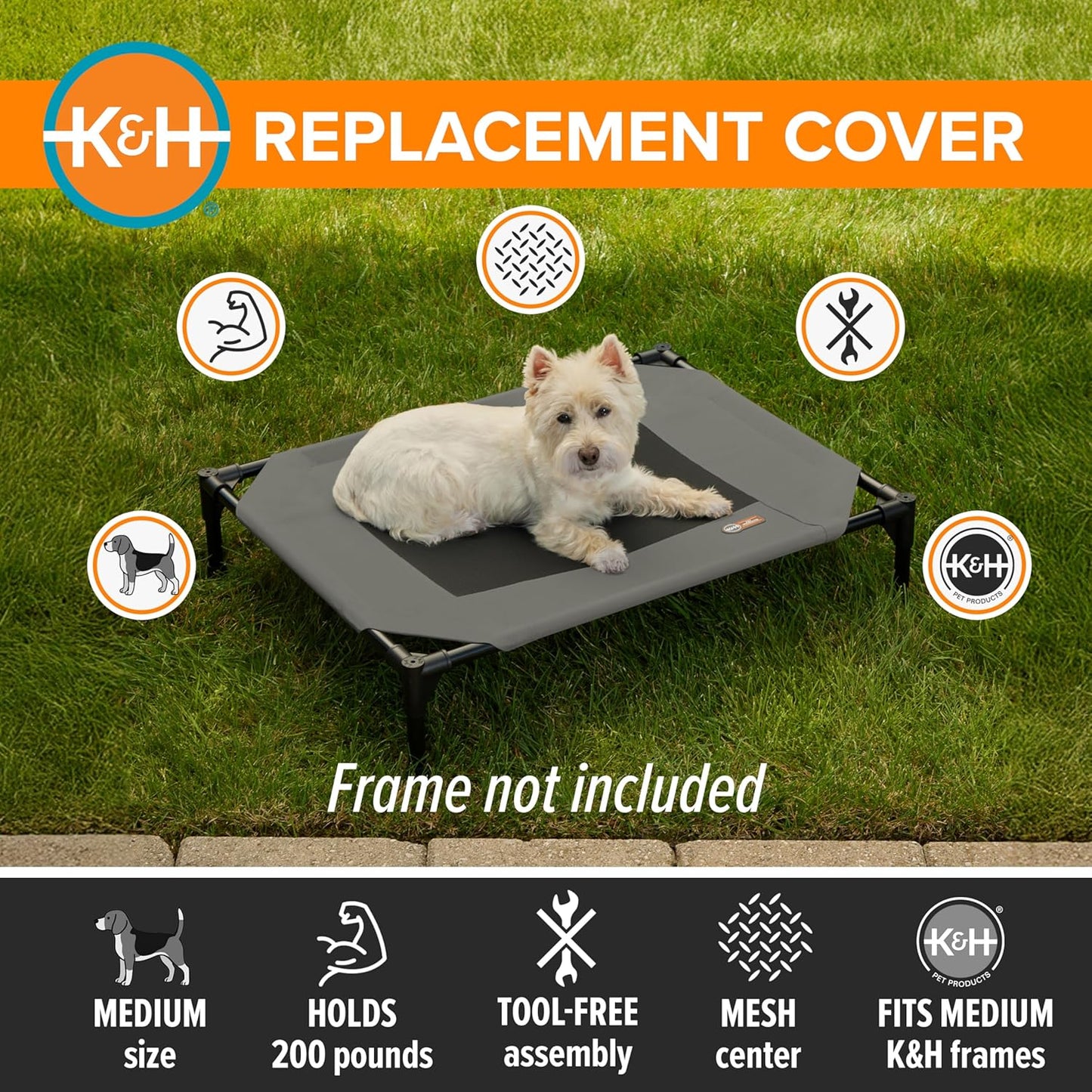 K&H Outdoor Elevated Dog Bed Replacement Cover, Medium 32"x25", Compatible with K&H Medium Pet Cots (Sold Separately), Indoor/Outdoor Use, Breathable Mesh Center, Machine Washable, Gray