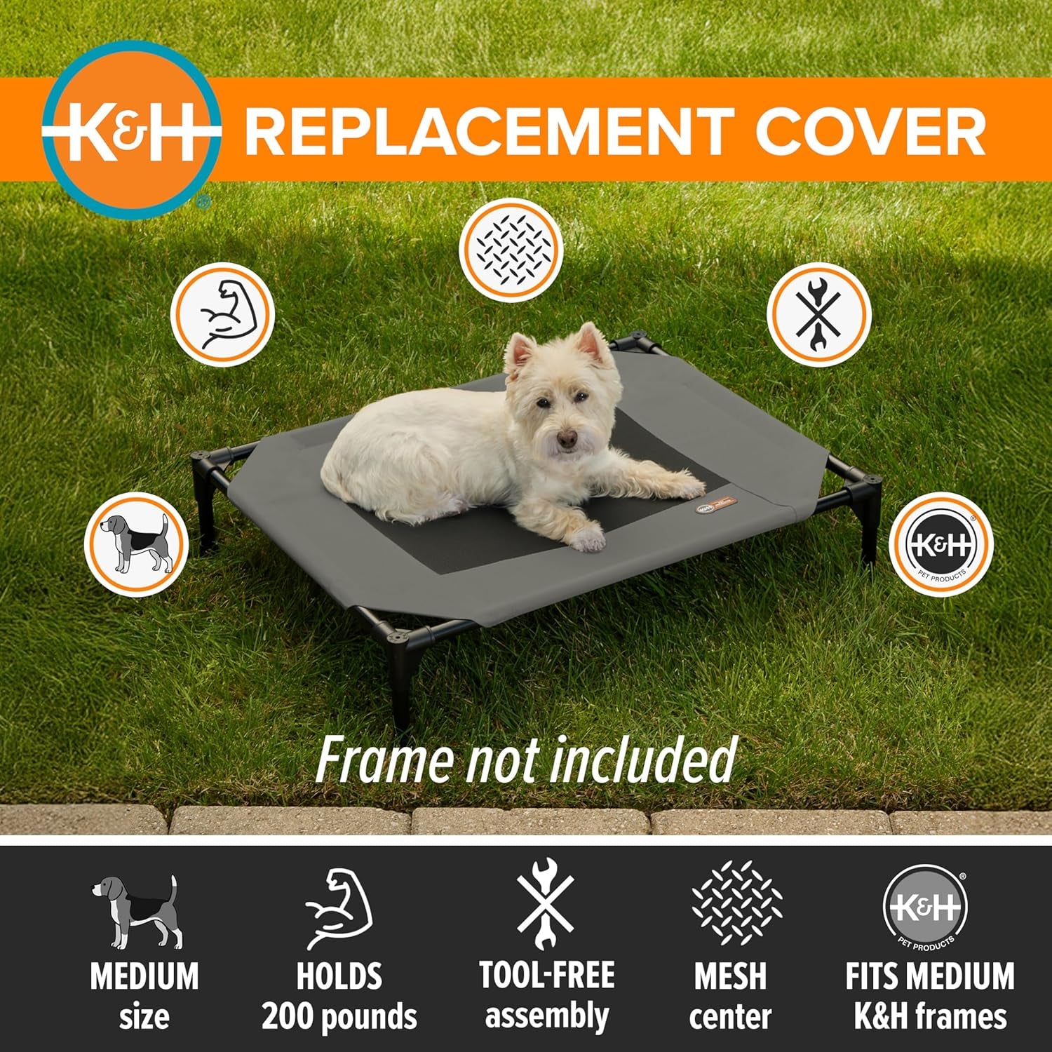 K&H Outdoor Elevated Dog Bed Replacement Cover, Medium 32"x25", Compatible with K&H Medium Pet Cots (Sold Separately), Indoor/Outdoor Use, Breathable Mesh Center, Machine Washable, Gray