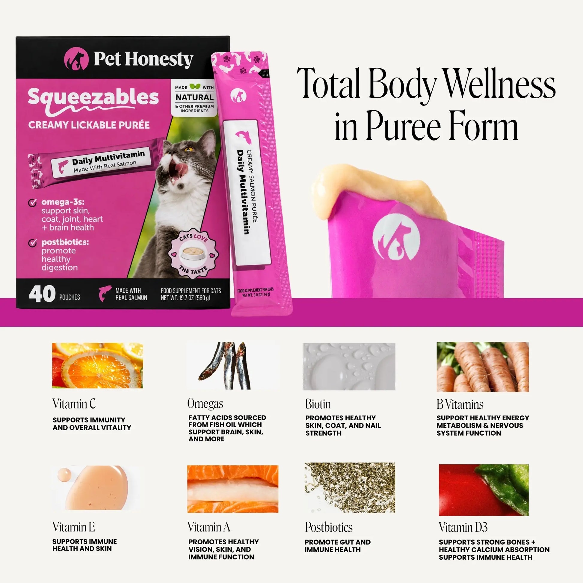 Pet Honesty Squeezables Lickable Multivitamin Supplements for Cats, 40 Pouches