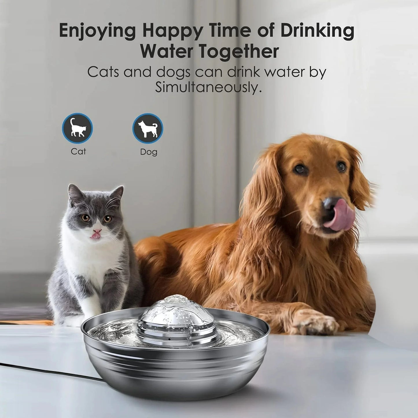 CW-03 Cat Water Fountain 304 Stainless Steel, 2L/68Oz Quiet Cat Fountain for Cats Drinking, Dual Filtration Cat Water Bowl for Kittens, Silver