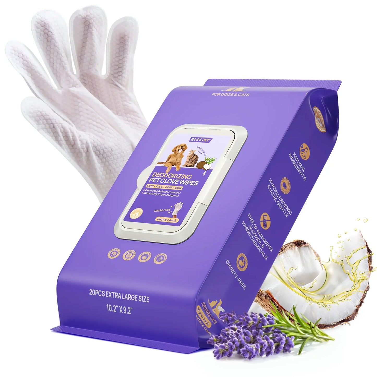 【Summer Sale】Hicc PET Disposable Dog Grooming Wipes (20Pcs) - Natural, Hypoallergenic, No-Rinse Mess-Free Grooming Wipes with Fermented Oils for Hair Removal, Sticky Hair Control, Deodorizing, Skin Moisture, Paw Care, Outdoor Use