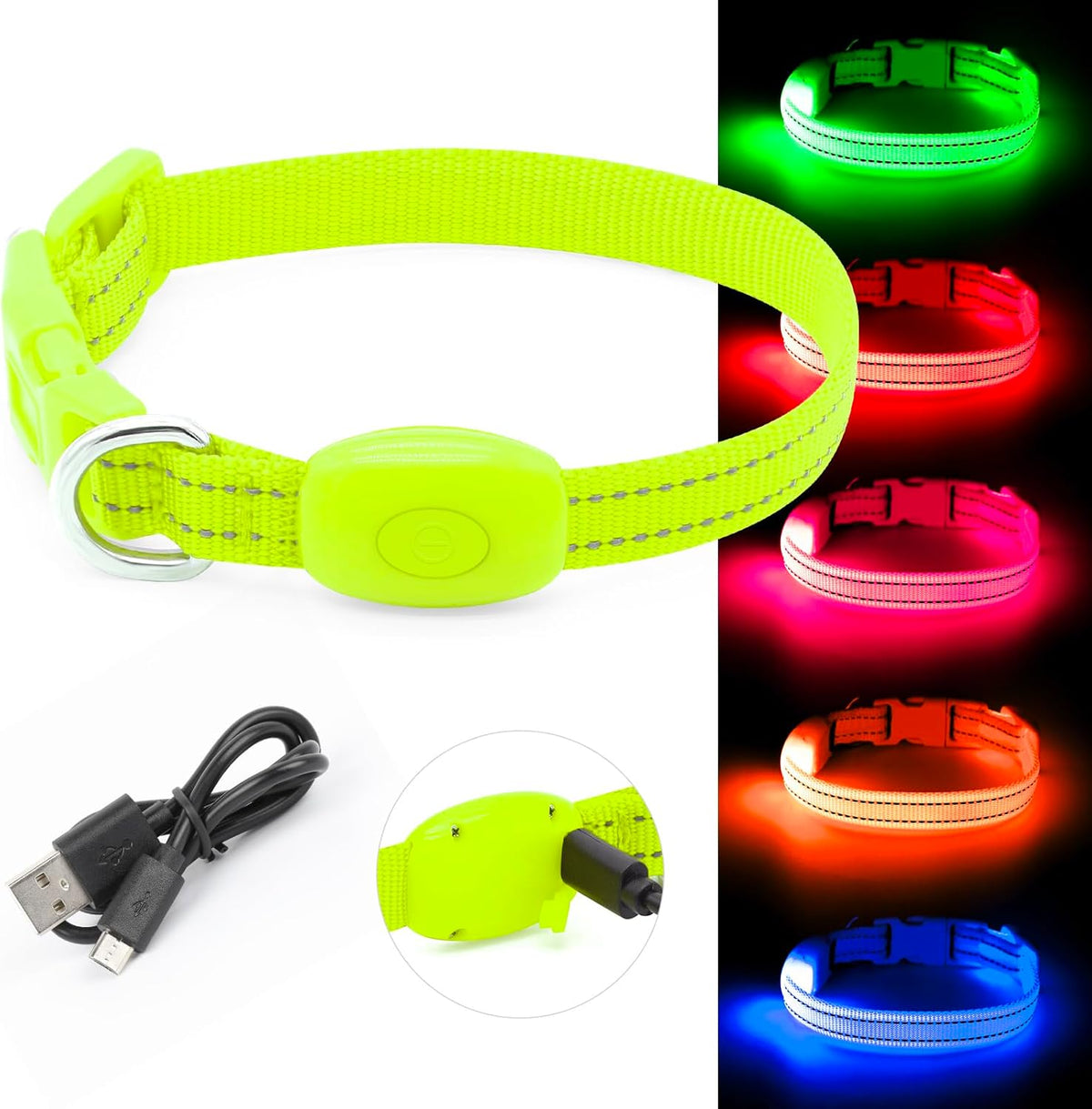 Adjustable Rechargeable LED Collar for Small Dogs and Cats - Lightweight Reflective Nylon, 8.5-11.8 Inches, Green, with Two Flash Modes for Enhanced Night Safety
