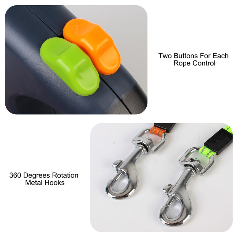 Retractable Dual Pet Leash for Small Dogs with Reflective Features and 360-Degree Swivel, Includes Lights