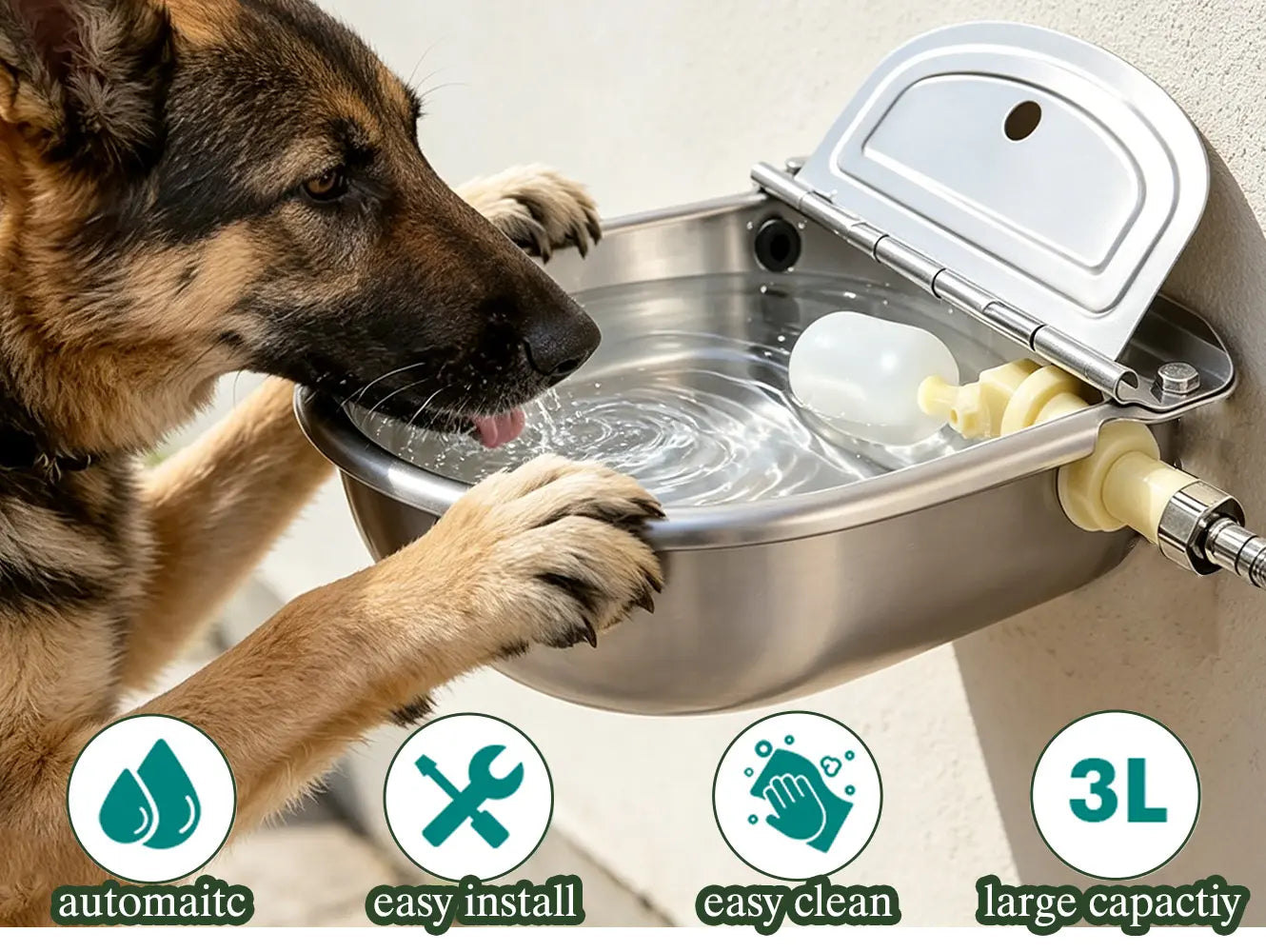 Stainless Steel Automatic Dog Waterer with Float Valve - Self-Filling No-Spill Pet Water Fountain for Outdoor Dogs and Livestock