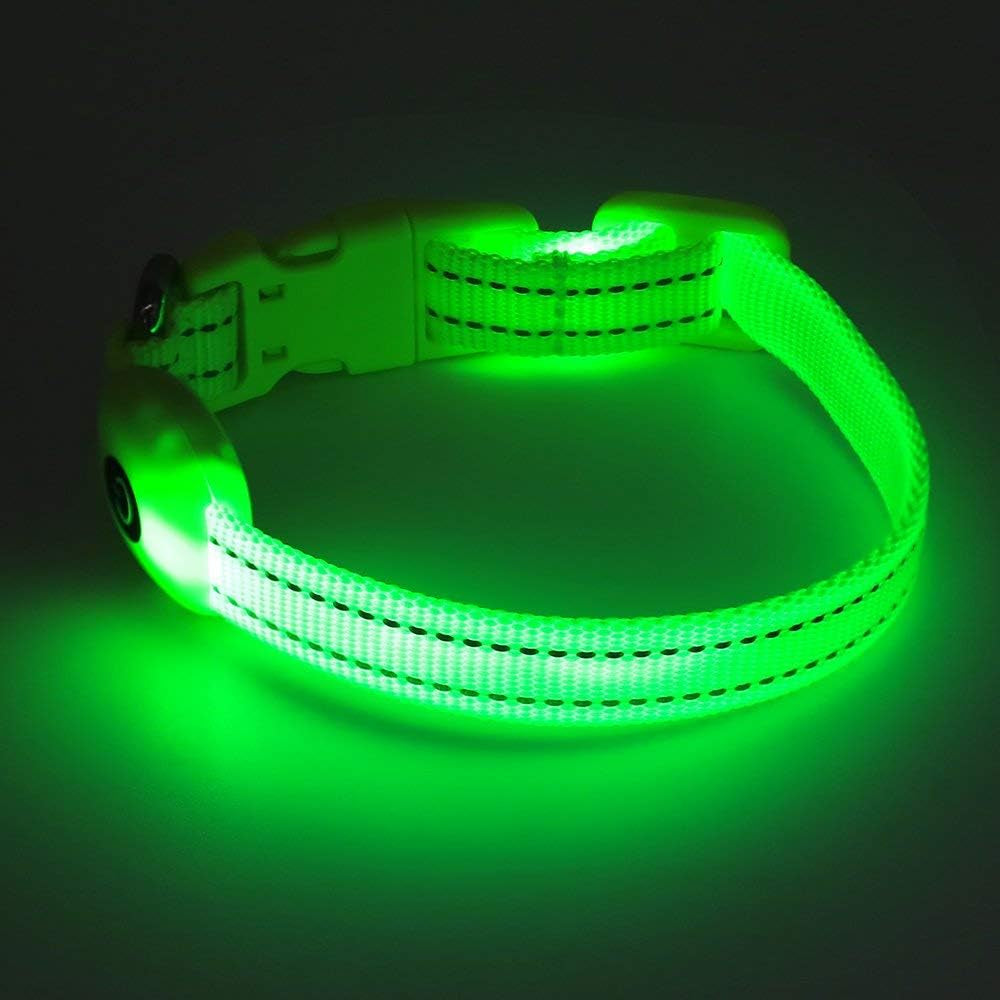 Adjustable Rechargeable LED Collar for Small Dogs and Cats - Lightweight Reflective Nylon, 8.5-11.8 Inches, Green, with Two Flash Modes for Enhanced Night Safety