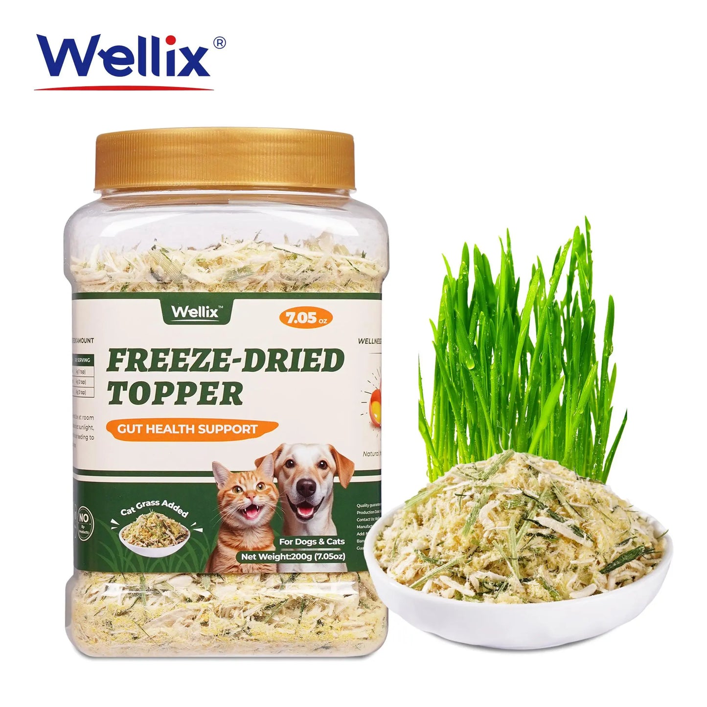 Wellix Dog&Cat Food Topper - Cat Grass Treats for Haiball Treament - Chicken Flavor Freeze Dried Cat Treats - Low Calorie Training Treats for Dogs&Cat 7.5Oz,Back to School