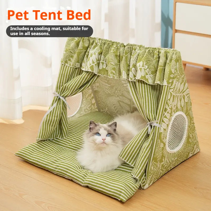 Plush Semi-Enclosed Cat and Dog Tent Bed - Washable Cozy Pet House for All Seasons