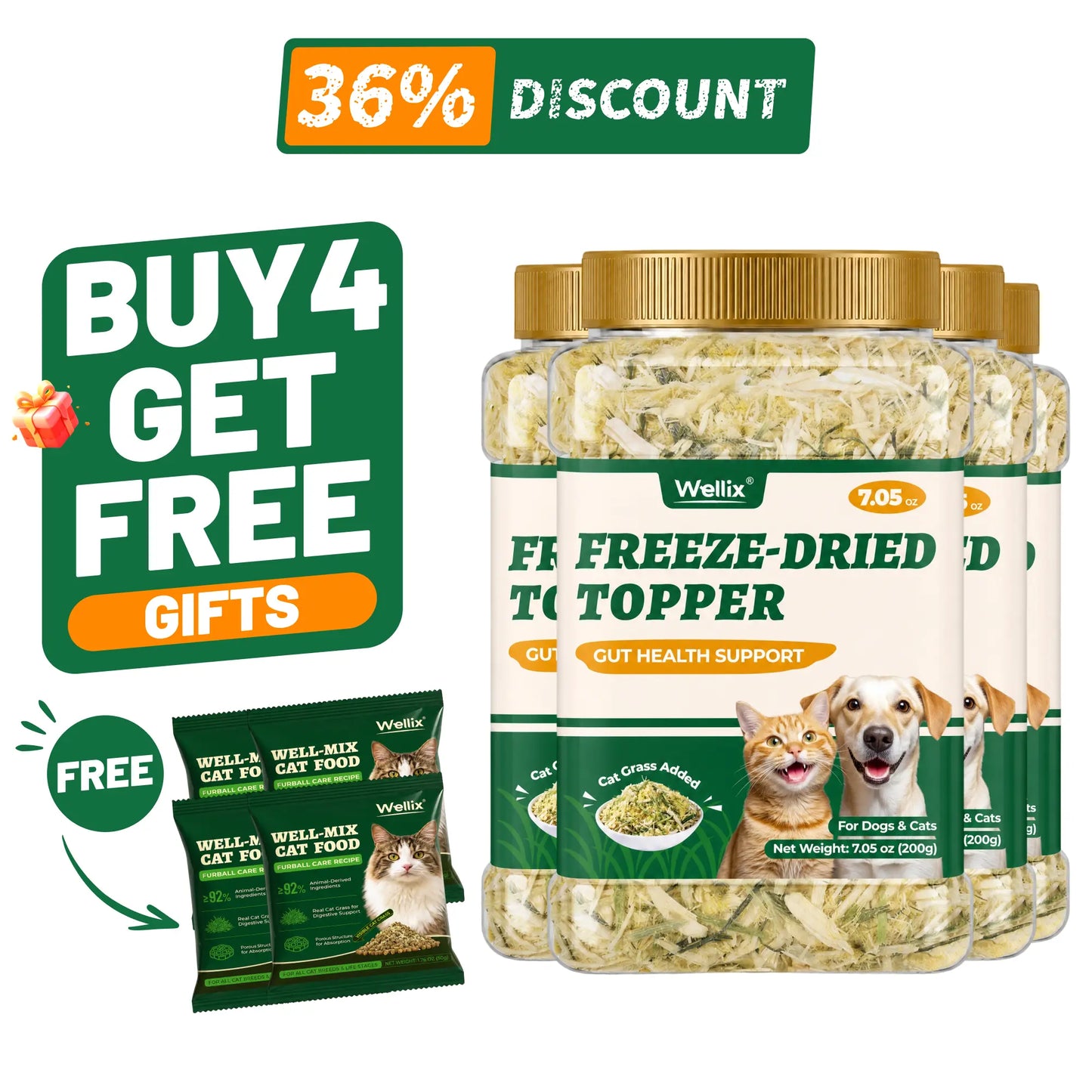 Wellix Dog&Cat Food Topper - Cat Grass Treats for Haiball Treament - Chicken Flavor Freeze Dried Cat Treats - Low Calorie Training Treats for Dogs&Cat 7.5Oz,Back to School