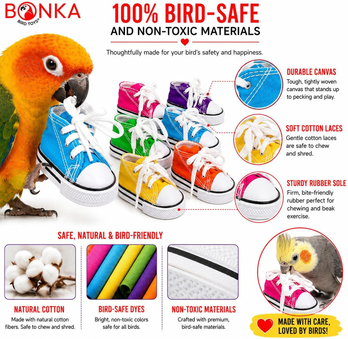 Colorful Cotton Mini Sneakers for Parrots and Small Birds | Engaging Foraging and Interactive Play with Treats or Shredding Material