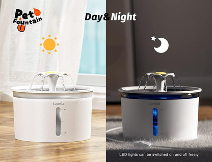 Cat Water Fountain - 85 Oz/2.5L Automatic Pet Water Dispenser with LED Lights and 2 Replacement Filters for Cats and Dogs (White)