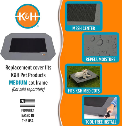 K&H Outdoor Elevated Dog Bed Replacement Cover, Medium 32"x25", Compatible with K&H Medium Pet Cots (Sold Separately), Indoor/Outdoor Use, Breathable Mesh Center, Machine Washable, Gray
