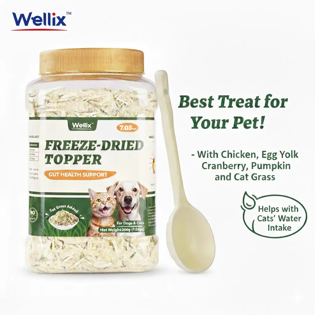 Wellix Dog&Cat Food Topper - Cat Grass Treats for Haiball Treament - Chicken Flavor Freeze Dried Cat Treats - Low Calorie Training Treats for Dogs&Cat 7.5Oz,Back to School