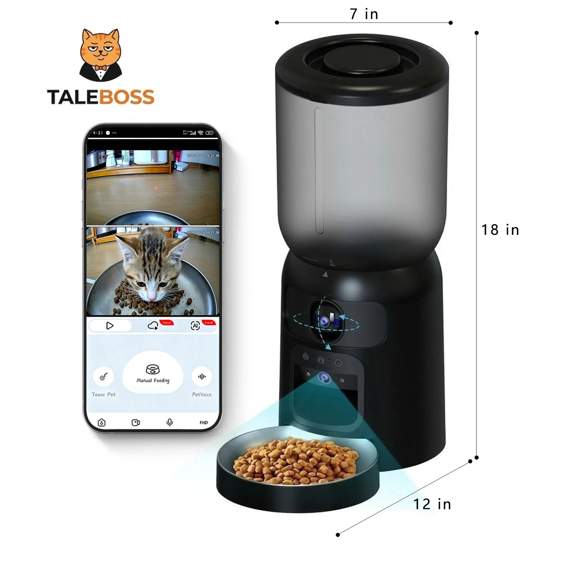Taleboss Smart Automatic Cat Feeder with Integrated Camera, 5L Capacity, Laser Toy, 1080P HD, App Control, Night Vision, Dual Band Wifi, and Two-Way Audio