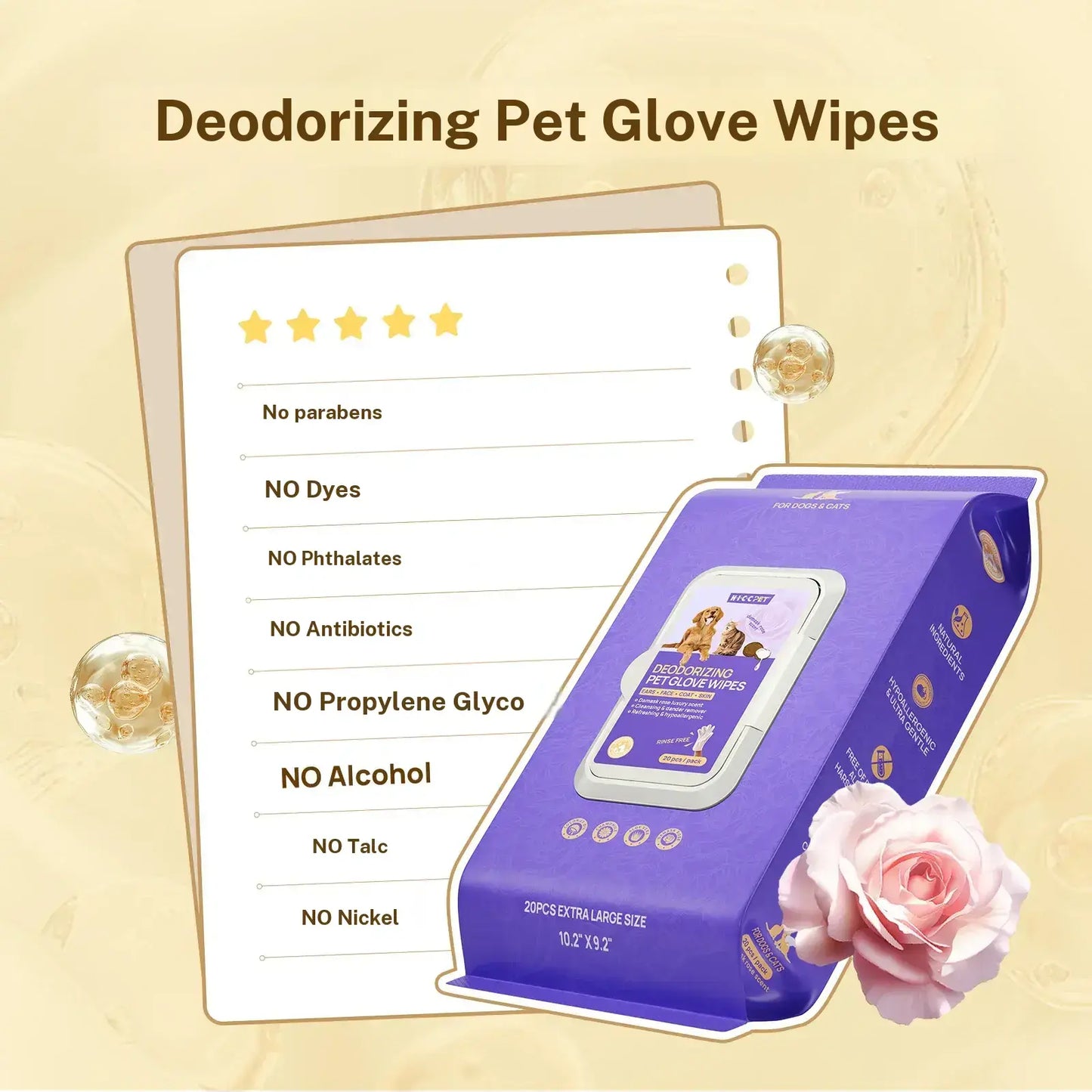 【Summer Sale】Hicc PET Disposable Dog Grooming Wipes (20Pcs) - Natural, Hypoallergenic, No-Rinse Mess-Free Grooming Wipes with Fermented Oils for Hair Removal, Sticky Hair Control, Deodorizing, Skin Moisture, Paw Care, Outdoor Use